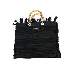Mia Gypsy Bag Black Woven Tote Fringed Bamboo Handle Boho Handbag